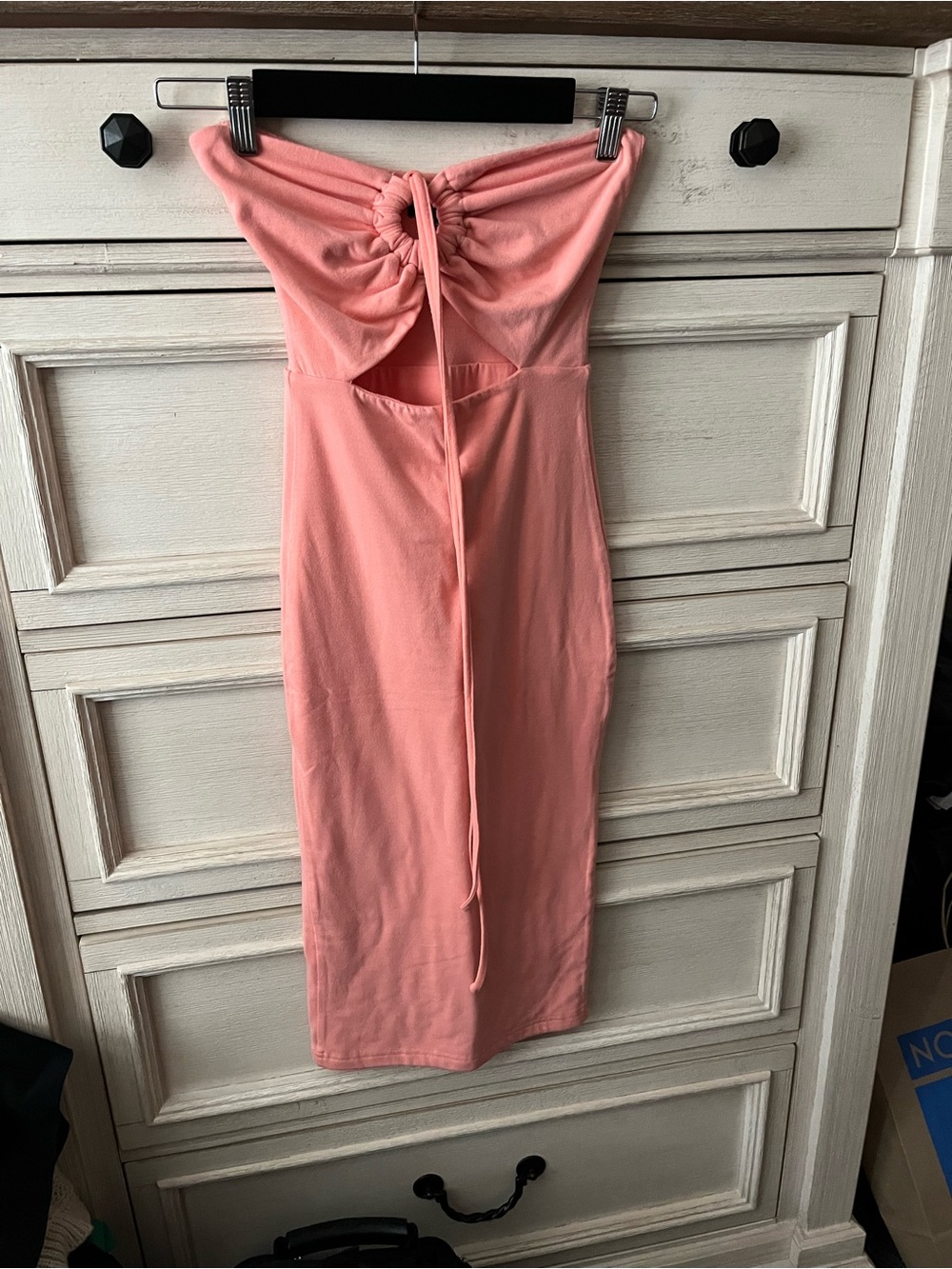JLUXLABEL Strapless Ruched Cutout Midi Dress in Coral Pink
